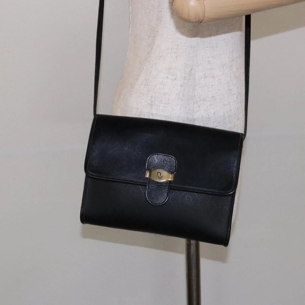 Christian Dior Honeycomb Canvas Shoulder Bag PVC Black Gold Auth 137748